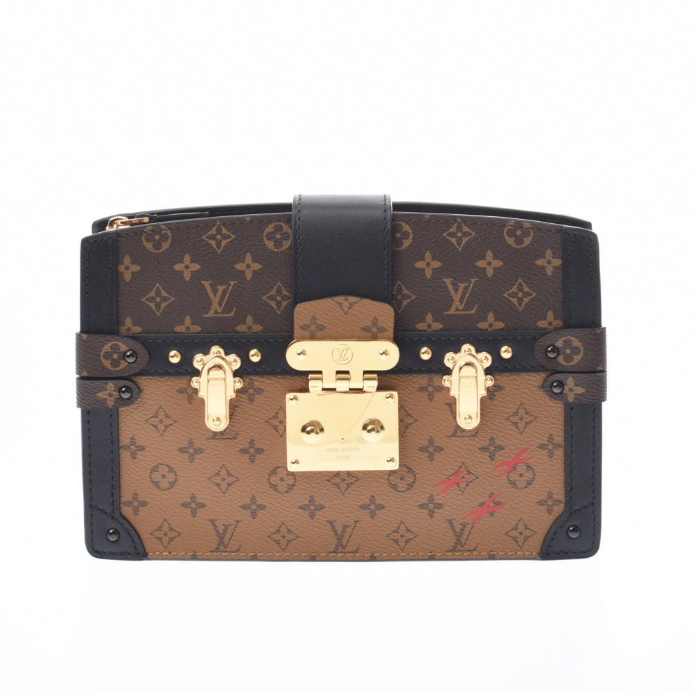 LOUIS VUITTON Monogram Reverse Trunk Clutch Bag Camel Brown Tan Black Shoulder